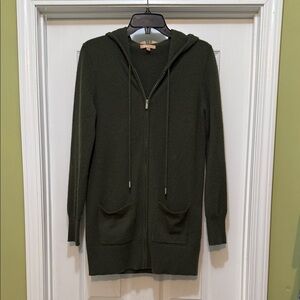 Kier + J Hooded Cashmere Cardigan Sweater Olive Green Zip Front Long Size L